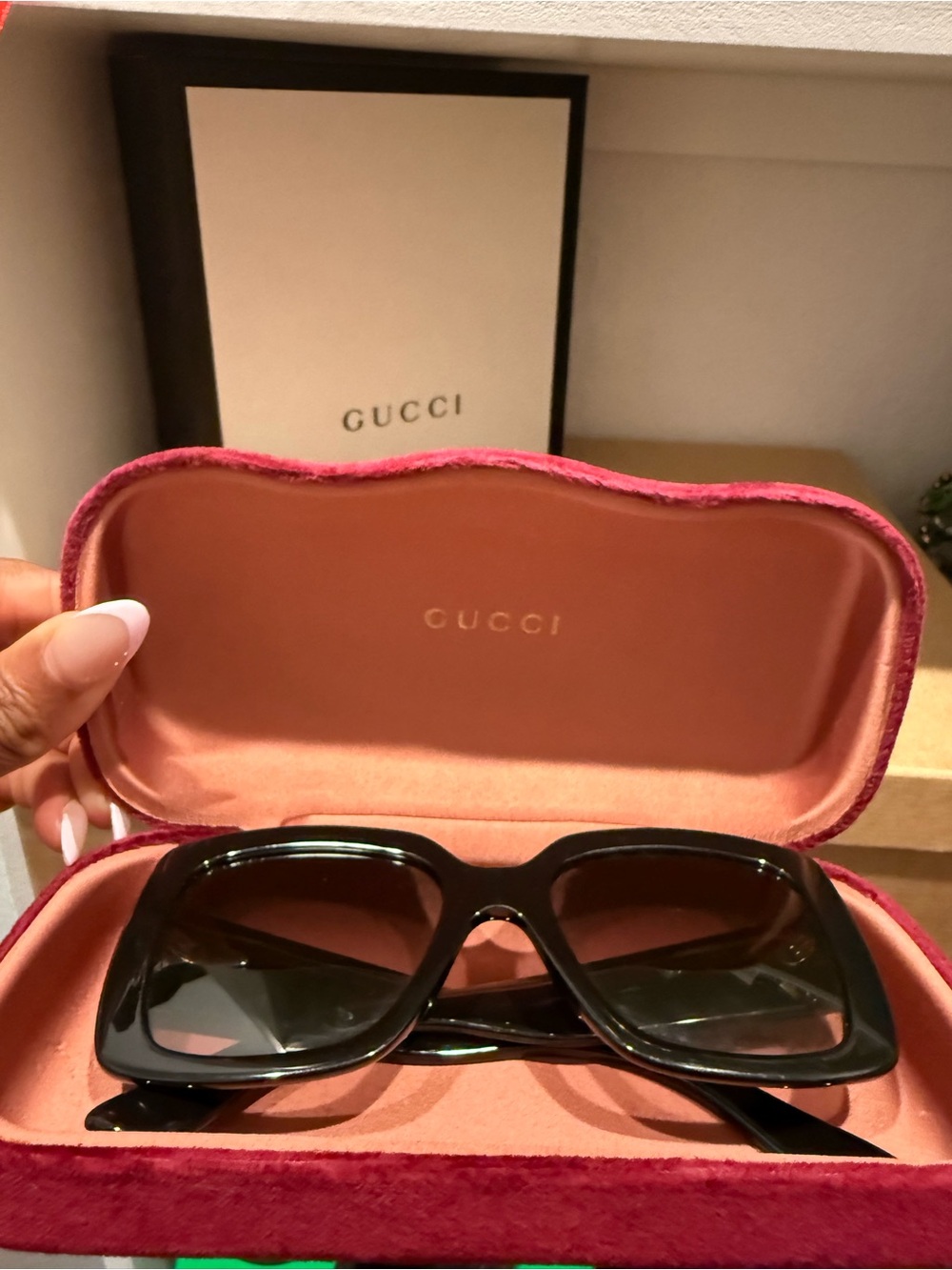 Authentic Gucci Black Square Women's Sunglasses with Pink Case included.